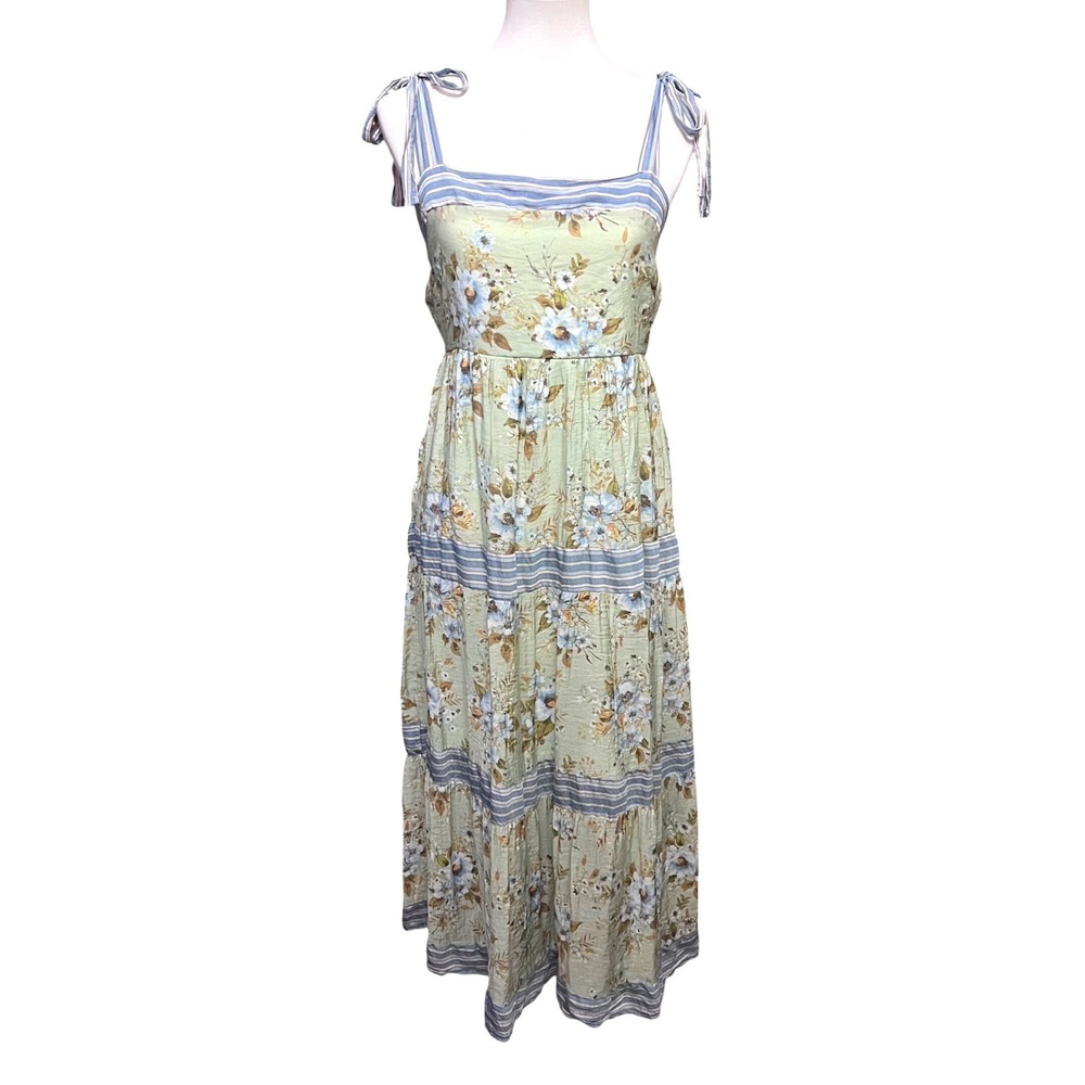 Whimsy Floral Tiered Maxi Dress Sweet Wanderer Sage Green Blue Strap Smocked L